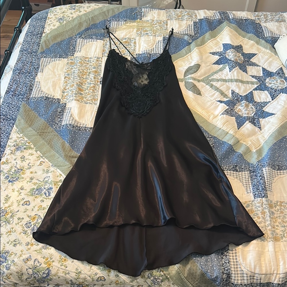Chic Black Satin Dress with Lace Detail